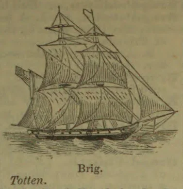 A two-masted brig with sails set, sailing across the water.
