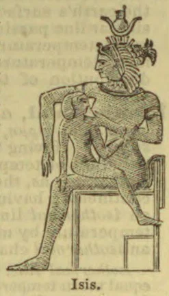 An engraving of Isis seated on a chair, wearing an elaborate headdress and holding an infant.