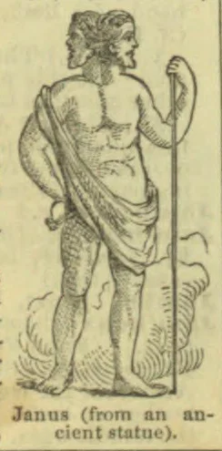 A two-faced figure of Janus stands draped in cloth and holds a staff.
