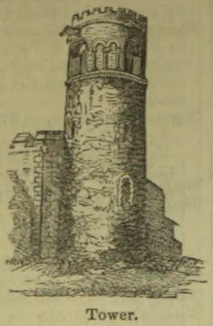 A tall stone tower with crenellations and arched openings stands among adjoining stone walls.