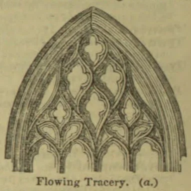 An architectural line drawing of a pointed Gothic arch filled with flowing ornamental tracery.