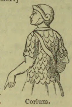 A line drawing of a person in a helmet and scale-patterned armor, shown in profile.