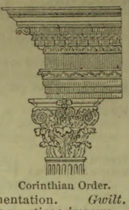 An engraved drawing of an ornate Corinthian column capital and upper section of its shaft and entablature.