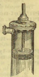 A cutaway illustration of a tall cylindrical mechanical device with a vertical rod, a side pipe, and internal components.