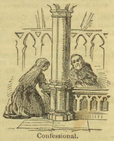 A woman kneels at a confessional, speaking with a priest seated behind its screen.