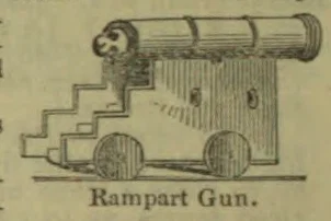 A cannon mounted behind a rampart, with a wheeled carriage.
