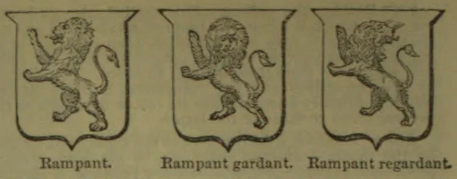 Three heraldic lions rampant are shown in separate shields, facing forward in the middle and looking backward in the right-hand shield.