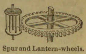 A spur wheel meshes with a vertical lantern wheel.
