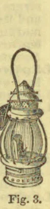An antique lantern with a looped handle and a glass body.