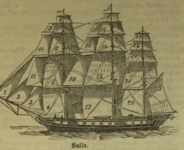A sailing ship with its sails numbered for identification.