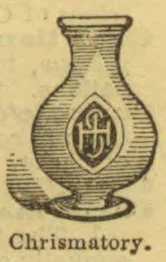 An ornate vessel with a narrow neck, bulbous body, and pedestal base, bearing the monogram IHS.