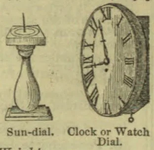 A sundial stands beside a wall-mounted clock or watch dial.
