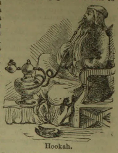 An illustration of a seated bearded man smoking a hookah beside a small table.