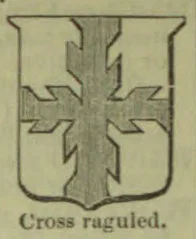 A shield bearing a cross with jagged, notched edges.