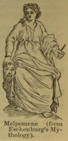 A woman representing Melpomene stands in draped robes beside a tragic mask and holds a dagger.