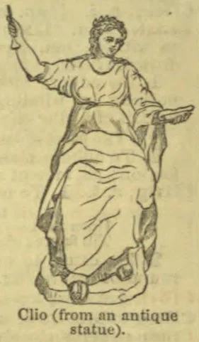 A draped woman holds a stylus in one hand and a tablet in the other.