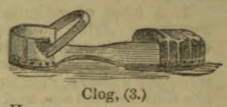 An illustration of a wooden clog with a raised heel and a strap across the top.