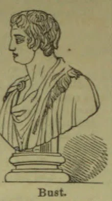 An engraved profile bust of a woman mounted on a pedestal.