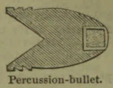 An illustration of a percussion bullet, shown in cross-section with a small square feature near its rounded end.