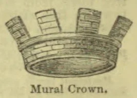 A heraldic mural crown with a circular battlemented band and several towers rising above it.