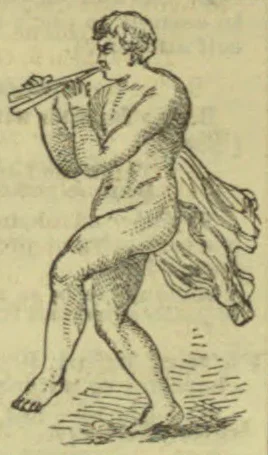 A nude classical male figure plays a long flute while standing beside a draped garment.