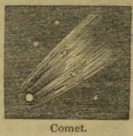 An illustration of a comet with a bright head and a long tail streaking across a starry sky.