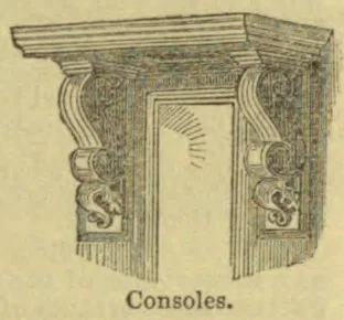 An architectural drawing of a doorway framed by ornate consoles supporting a projecting cornice.