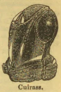 An antique illustration of a cuirass, showing a curved armored breastplate with a rounded upper section and layered lower bands.
