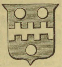 A heraldic shield bears three roundels and two horizontal rows of crenellated bands.