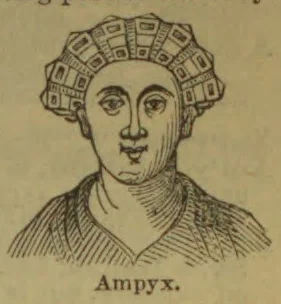 An engraved bust portrait of a person wearing an ornate, segmented headdress.