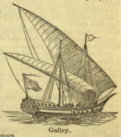 A sailing galley with several large sails and flags on the water.