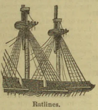 An engraving of a sailing ship with masts and rigging, including ratlines.