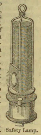An antique safety lamp with a tall wire-mesh enclosure and a circular viewing window.