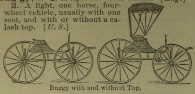 Two horse-drawn buggies are shown, one without a top and one with a calash top.