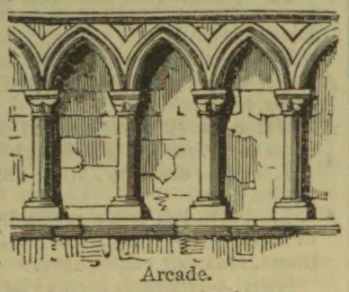 An architectural drawing of a Gothic arcade with pointed arches supported by columns.
