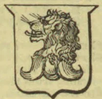 A heraldic lion-like creature with a curled, finned tail is shown within a shield.