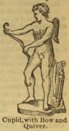 A nude Cupid stands holding a bow, with a quiver beside him.