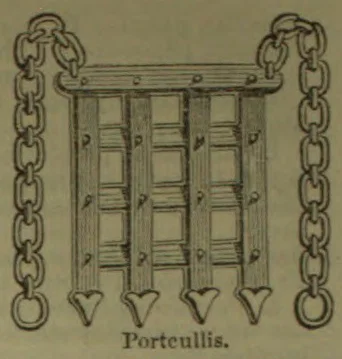 A drawing of a portcullis with four vertical grilles suspended from chains.