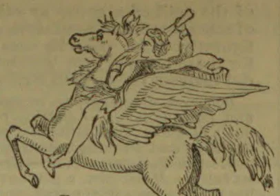 A rider brandishing a weapon sits astride a winged horse.