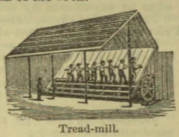The illustration depicts people walking on a large tread-mill inside a roofed wooden structure.