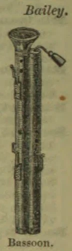 An antique illustration of a bassoon with its curved metal crook and mouthpiece.