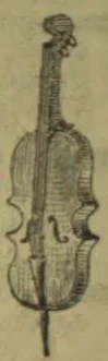 An antique engraving of a violin viewed from the front.