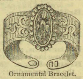 An ornate bracelet with a large oval centerpiece and decorative scrollwork.