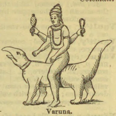A four-armed figure rides astride a four-legged animal.