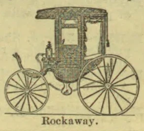 An illustration of a horse-drawn rockaway carriage with large spoked wheels.