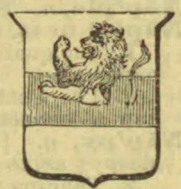 A heraldic shield depicts a lion rising above a horizontally divided, vertically hatched band.