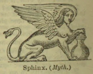 A winged sphinx with a human head and a serpent-like tail crouches beside a decorated vessel.