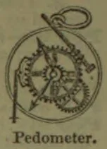 An engraved diagram of a pedometer, showing its circular casing and internal gears.