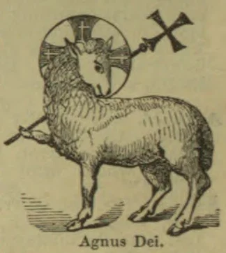 A lamb with a halo stands holding a cross-banner.