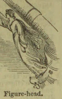 A carved figurehead of a flowing-haired woman is attached beneath the prow of a ship.